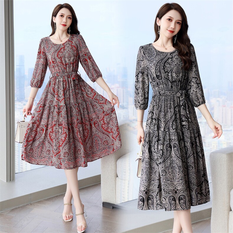 时尚优雅雪纺连衣裙修身显瘦印花长裙气质女神必备款，女装连衣裙，罗得堡