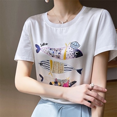重磅真丝t恤女短袖印花桑蚕丝白色圆领小衫2024夏装半袖短款上衣，女装T恤，兴泰羊绒