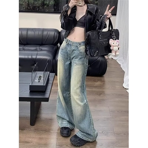 牛仔裤女美式复古做旧阔腿裤宽松直筒裤子高腰显瘦拖地图片