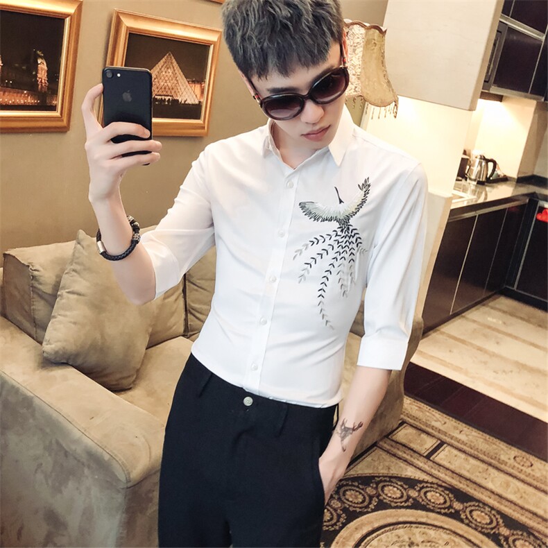 19春夏新款潮男高端时尚绣花七分袖夜店发型师衬衣社会风D453,男装衬衫,星座419（原A233）