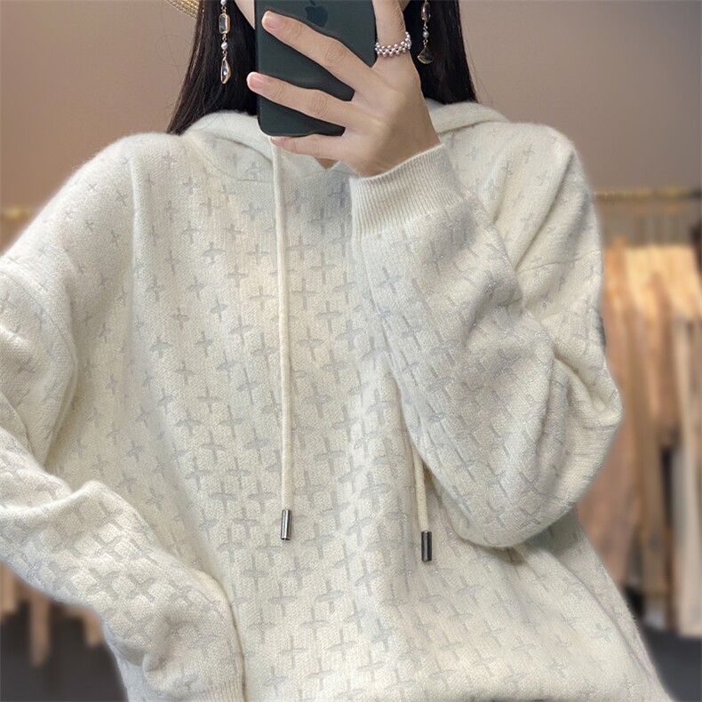 双面提花加厚帽衫羊毛2024年秋季,女装羊毛衫,唯若美羊绒