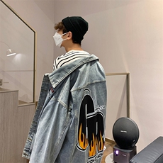 美式秋街头翻领夹克火焰英文印花潮牌牛仔外套男XZ514-2-N35-P88，男装工装外套，星座514-2(原B239)