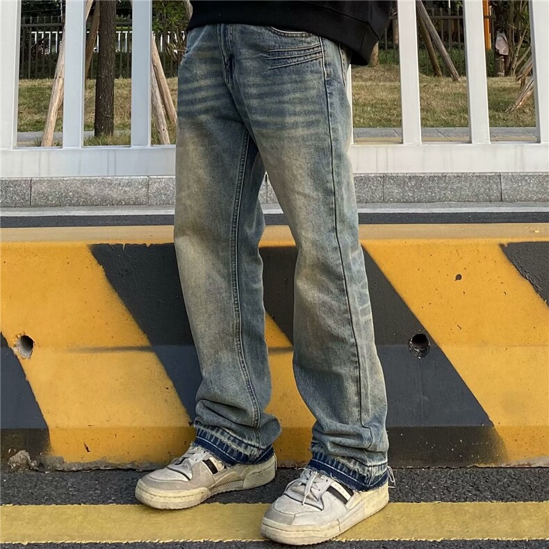 美式高街vibe做旧黄泥染水洗牛仔裤男潮ins直筒微喇cle,男装牛仔裤,星座218-1（原230）