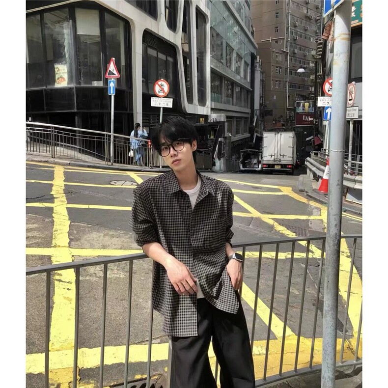 网图美式复古休闲格纹通勤长袖衬衫复古慵懒衬衣A025-RC6388-P33，男装衬衫，电商A025