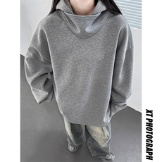 白敬亭的设计感太空棉连帽情侣卫衣纯色百搭上衣宽松外套，女装短外套，电商A341