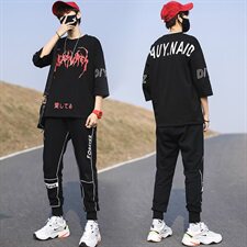 夏季新款潮牌青少年运动休闲两件套宽松T恤七分袖套装男TZ216，男装T恤，电商A441