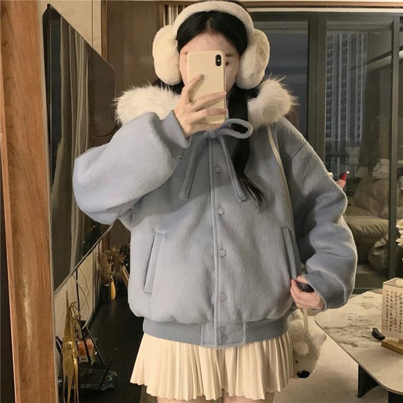 韩系蓝色毛领蝴蝶结连帽卫衣女秋冬加绒加厚保暖宽松纽扣开衫外套,男装棉衣,星座506A