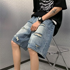 港风破洞牛仔短裤男夏季薄款直筒宽松中裤1001-1-DK803-P42，男装牛仔裤，星座1001-1