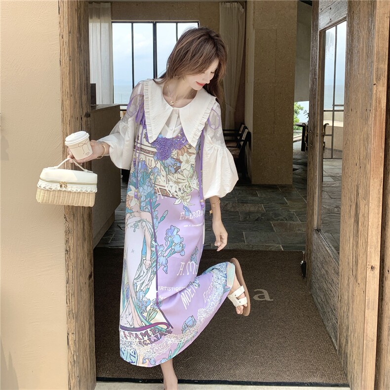 印花套装女夏季2026新款法式娃娃领衬衫蕾丝刺绣领口吊带裙两,女装连衣裙,艾米莉亚