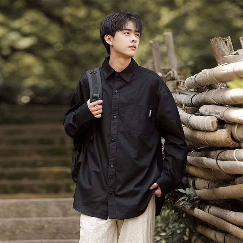 日系纯色简约工装衬衫男款春秋季宽松休闲百搭叠穿长袖衬衣外套潮,男装衬衫,星座218-1（原230）