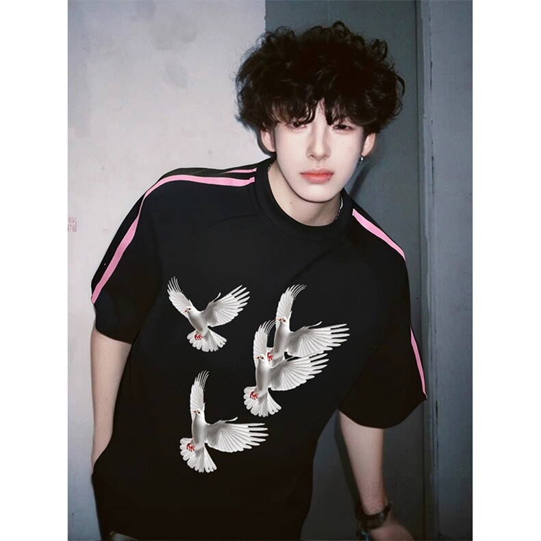 抖音得物品质二开240克宽松纯棉美式潮牌印花三条杠中性风短袖T恤，男装T恤，电商A486-1