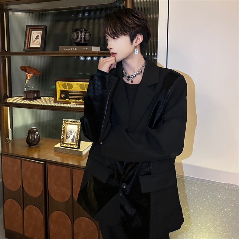 自家图拼接鳄鱼皮西装外套新气质显瘦西服男1504-P110,男装西服,星座910-5