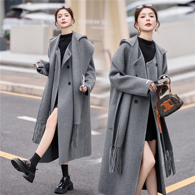 双面羊毛大衣女2025春秋气质围巾连帽小香风时尚毛呢外套两件套潮,女装双面呢大衣,琦鑫阁（原依鑫阁）