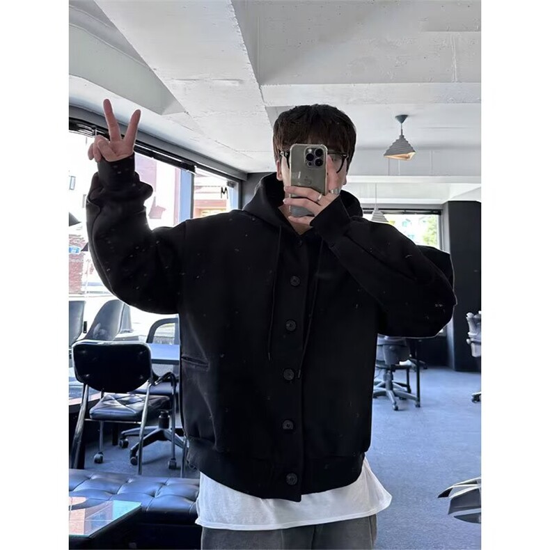 开衫卫衣男春秋季韩系宽松潮流设计感纯色百搭连帽外套WYF34P60,女装短外套,星座1013-5