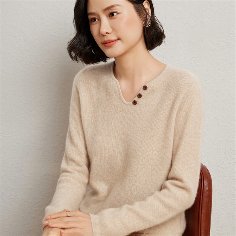 时尚优雅女士衫10%带扣套头设计显瘦百搭秋冬必备,女装羊绒衫,臻维羊绒