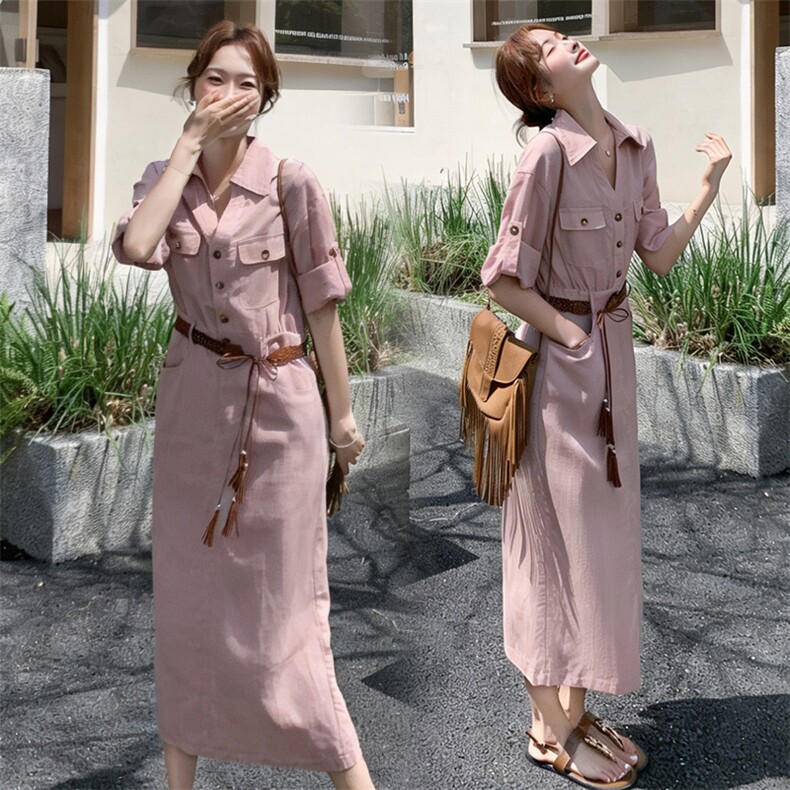 《26夏上新现货》天丝亚麻气质舒服透气三色连衣裙女送腰带，女装连衣裙，时尚风爆