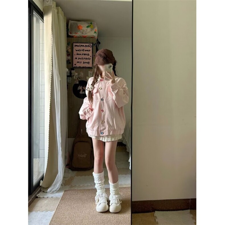 粉色碎花撞色翻领外套女春秋2025新款宽松甜美可爱设计感小众夹克,男装夹克,星座506A