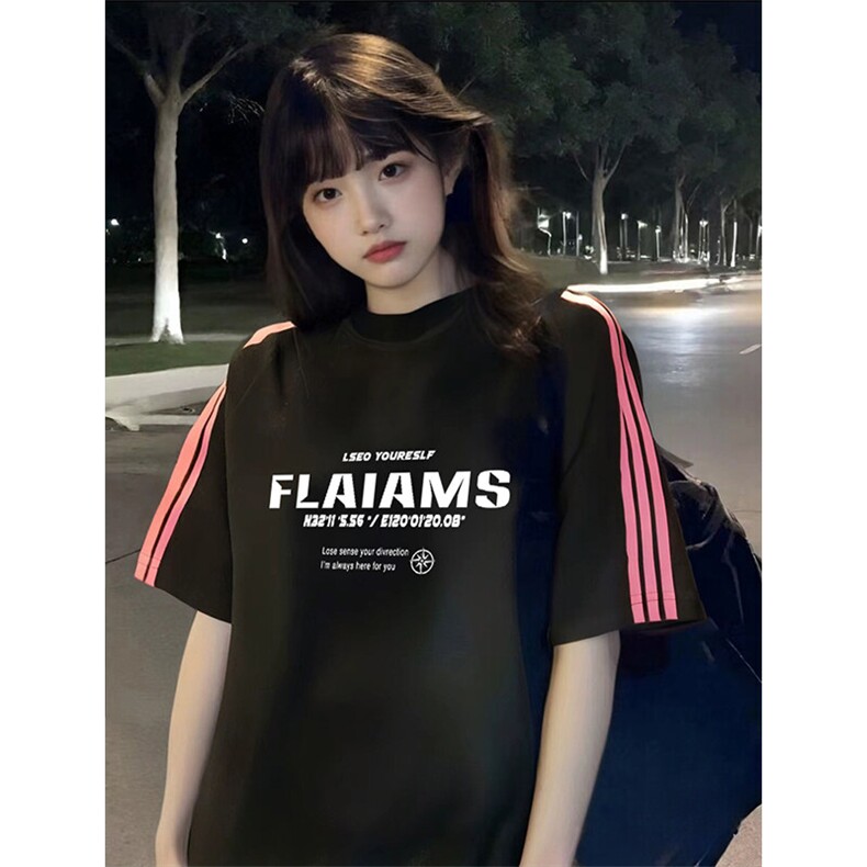 抖音得物品质二开240克宽松纯棉美式潮牌印花三条杠中性风短袖T恤,男装T恤,电商A486