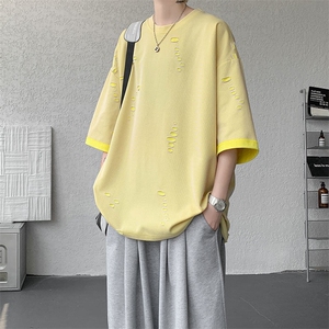 T10137-特批33  控68 开口笑高品质夏季大码短袖破洞潮流百搭T恤图片