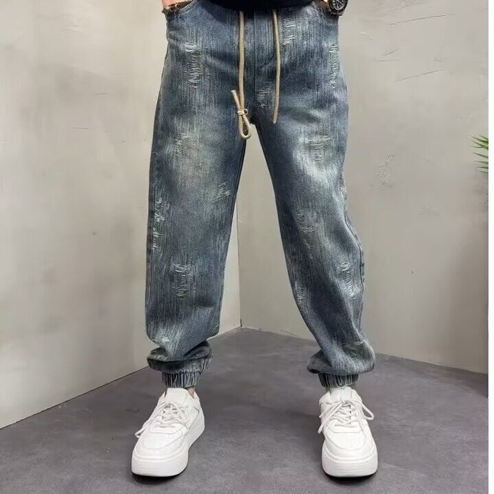1506-1/KT11411/P52潮流男士新款个性做旧浅蓝色牛仔裤宽松束脚裤,男装牛仔裤,星座1506-1