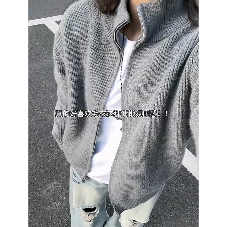 重磅秋冬北极绒双拉链毛衣开衫美式复古休闲慵懒风宽松针织衫外套,男装针织衫/毛衣,电商A486-1