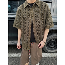军绿色镂空针织短袖衬衫男高级感老钱风穿搭半袖衬衣cleanfit外套，男装T恤，星座1213