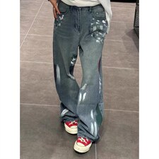 美式水洗做旧破洞街头涂鸦牛仔裤泼墨显瘦拖地直筒裤男LA6200-P45，男装牛仔裤，星座1008