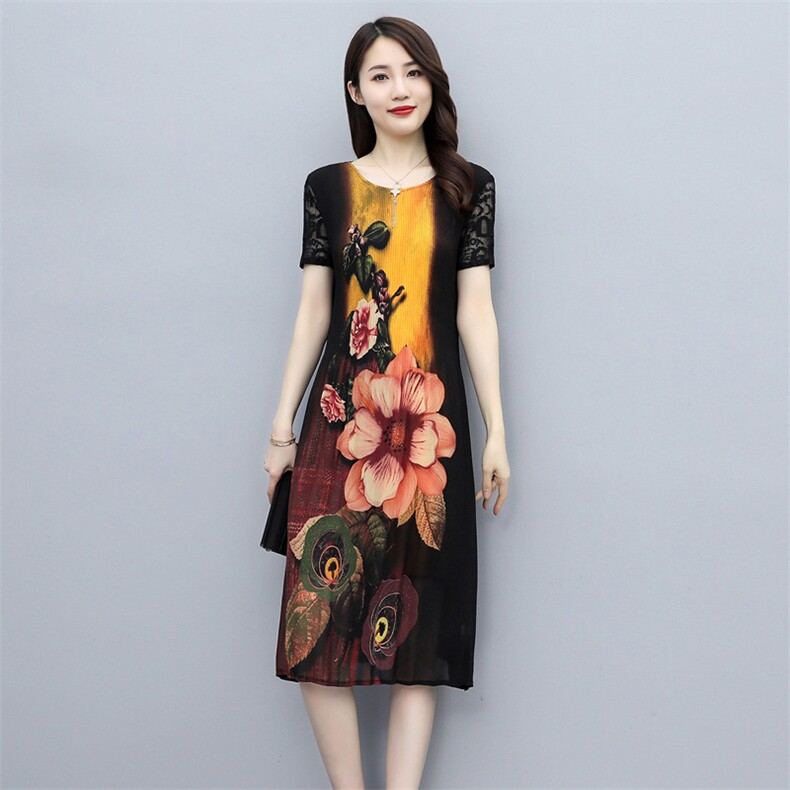 2022新款夏装韩版时尚潮流百褶压皱超弹大花色显瘦连衣裙,女装连衣裙,施恩睿棋
