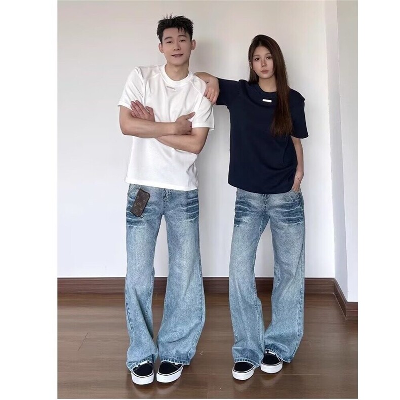 闪电纹冰蓝色牛仔裤男款美式微喇情侣裤子cleanfit修身显瘦直筒裤,男装牛仔裤,星座603-2