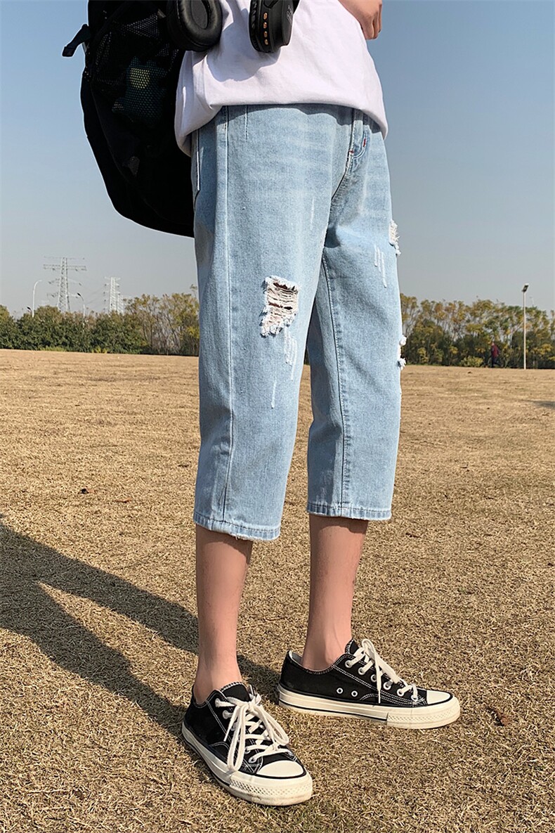 2021夏季浅色破洞牛仔裤男直筒宽松男生潮流港风七分裤男HT92,男装牛仔裤,星座509
