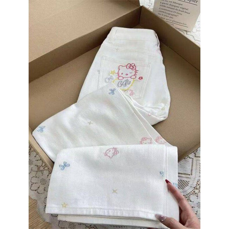 AK2279-P50刺绣卡通牛仔裤夏季美式直筒可爱kitty阔腿裤,男装牛仔裤,星座617A-2