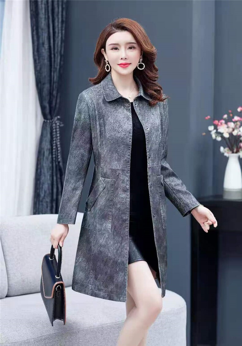 擦色时尚气质皮衣女中长款娃娃领修身显瘦中年妈妈装风衣外套,女装风衣,泰合衣坊