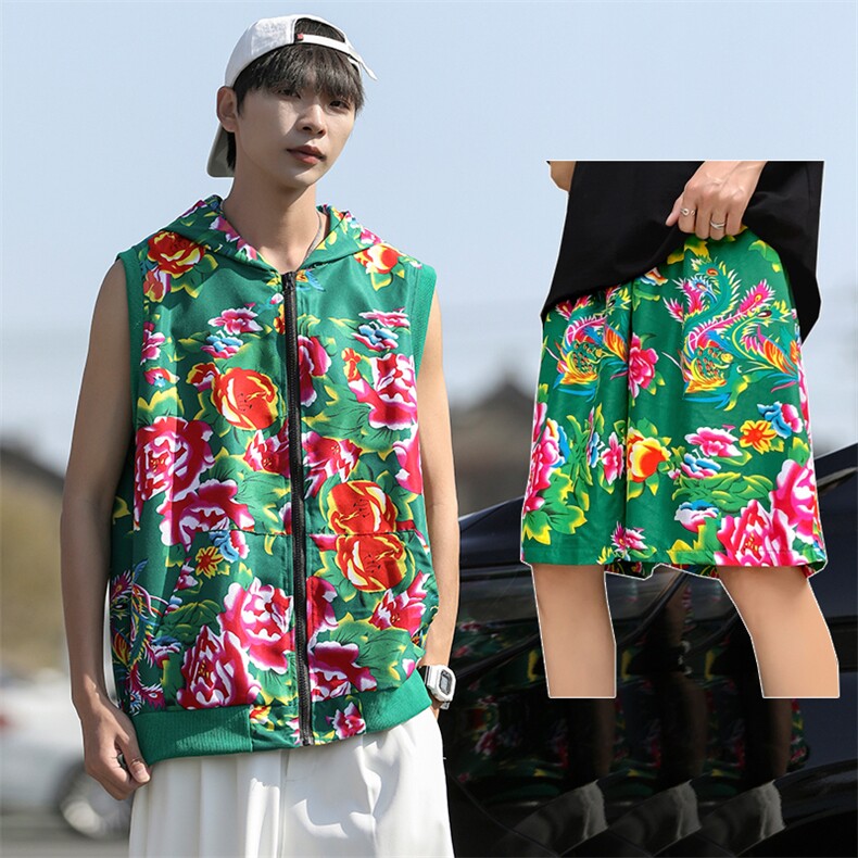 TZ002东北大花休闲连帽马甲坎肩背心男女团队服短裤运动套装汉服,男装牛仔裤,星座115A(原星座507）
