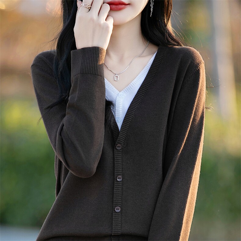 2025春秋新款V领假两件长袖针织外套女洋气减龄外搭毛衣薄款开衫,女装羊毛衫,片语羊绒