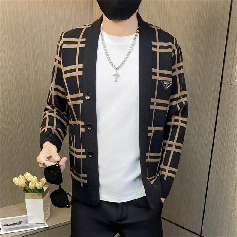M3801-P65社会小伙针织开衫男休闲格子棒球领毛衣夹克外套,男装针织衫/毛衣,电商D310B