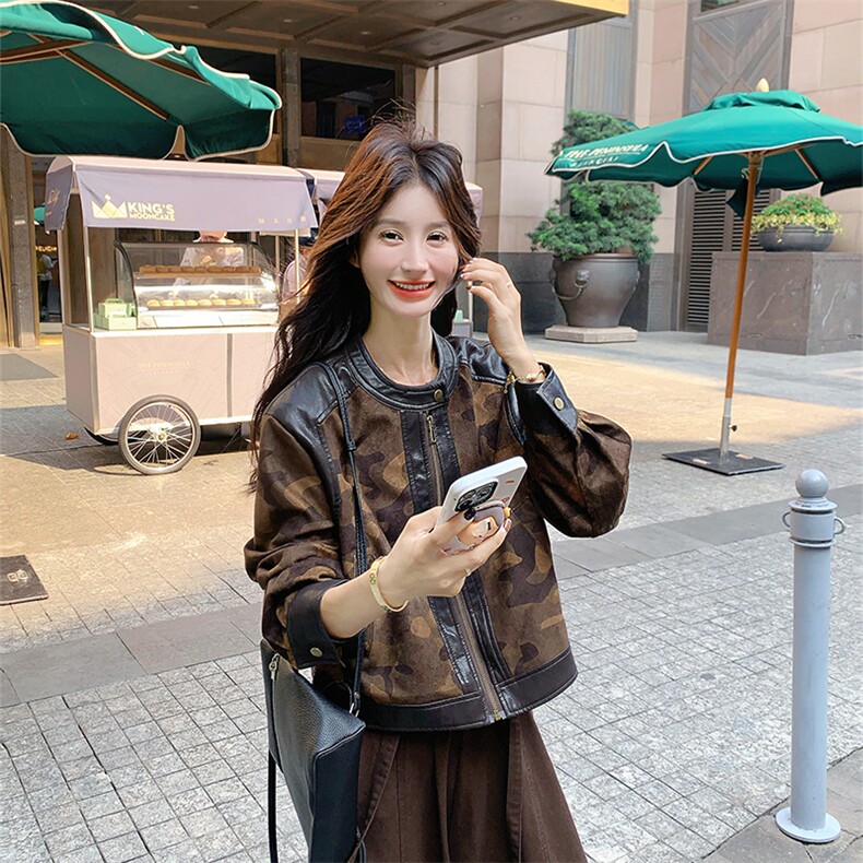 美拉德咖色麂皮绒短外套女春秋2025新款超火好看高级小众夹克上衣,女装短外套,2C126