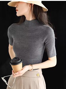 时尚显瘦百搭纯色简约半高领针织短袖图片