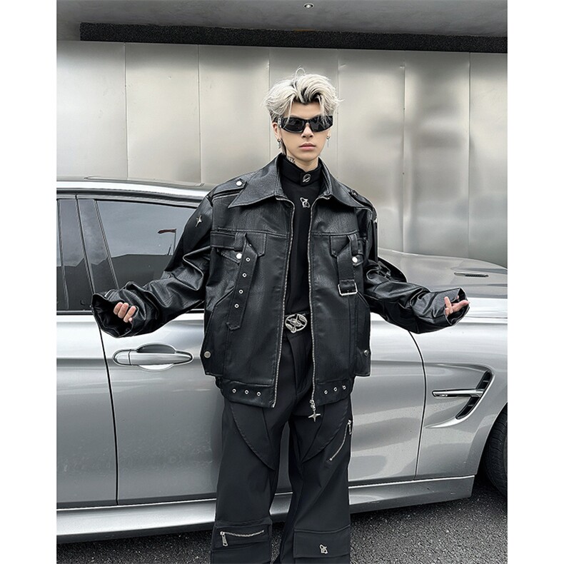 秋冬季短裤皮衣外套美式高街高级感潮牌机车服PU夹克,男装皮衣,星座410-7