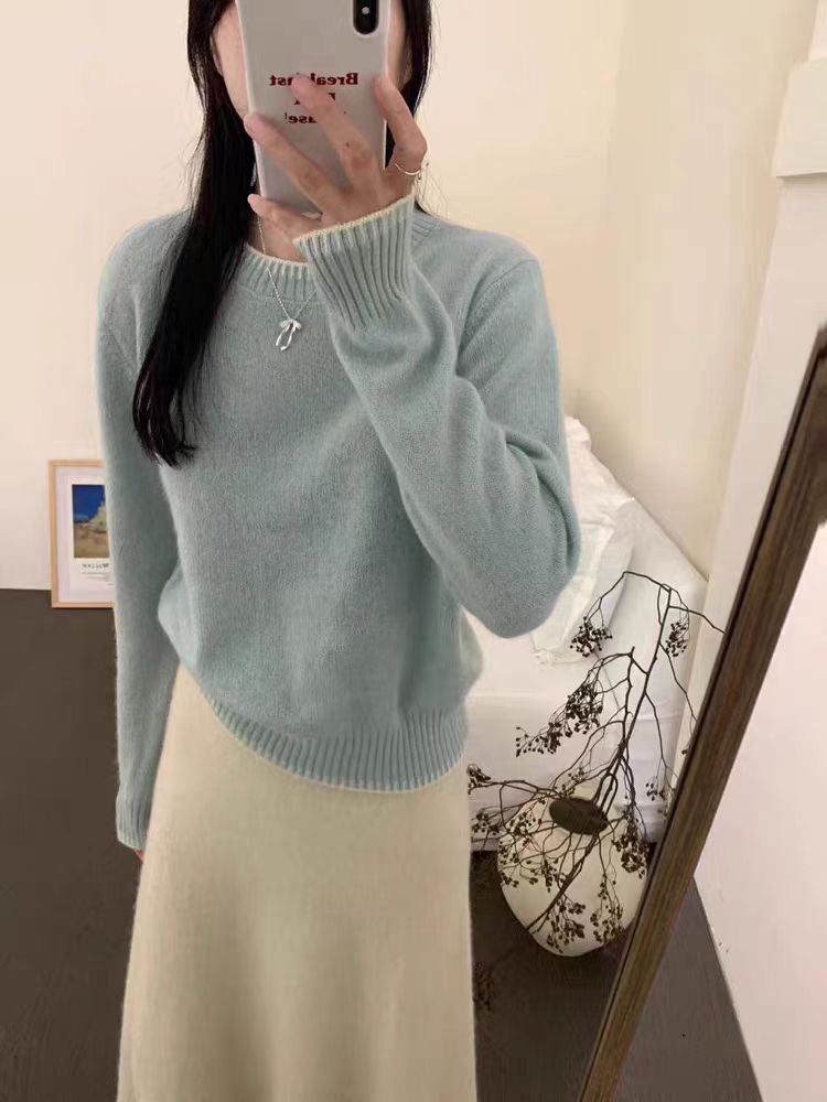 圆领毛衣女内搭简约气质长袖短款针织打底衫,女装羊毛衫,冀清阳荣