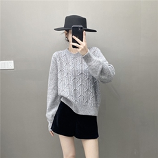 HE|复古绞花加厚baby山羊绒衫女圆领针织衫保暖宽松慵懒风毛衣，女装针织衫/毛衣，织绒羊