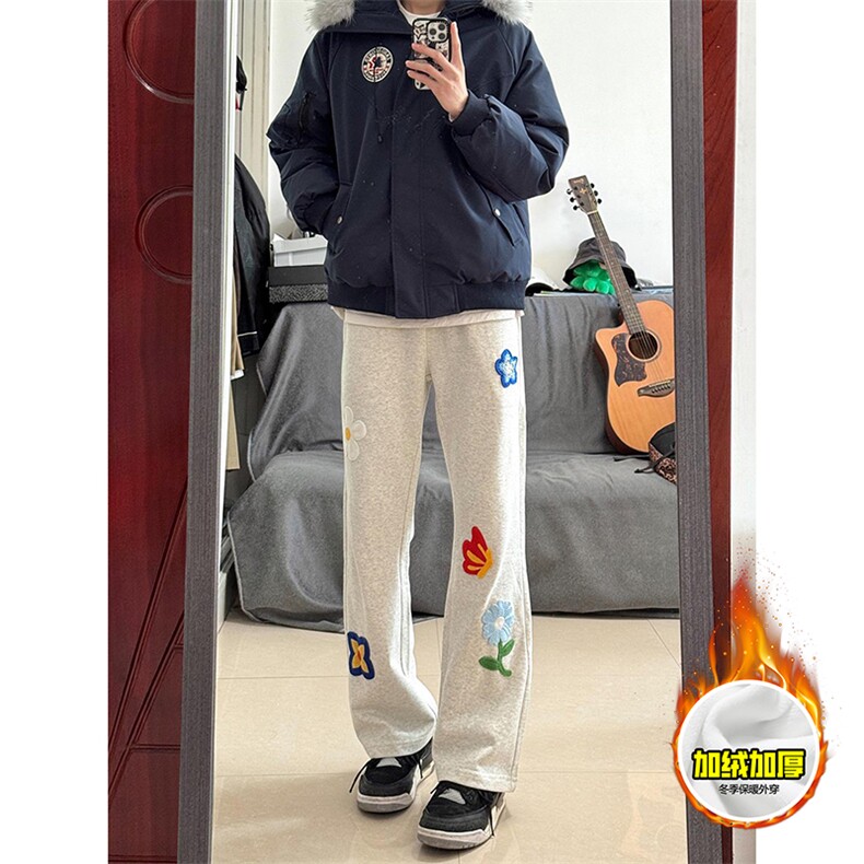 抖音得物高品质秋冬季重磅花卉刺绣潮流运动宽松加绒直筒休闲卫裤，男装休闲裤，电商A486-1