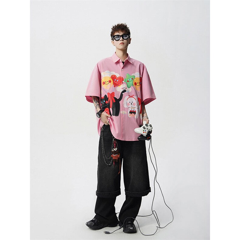 CS1127-P45控78夏季新款设计感大码潮牌冰丝短袖情侣衬衫外套男,男装衬衫,电商A059