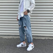 20新款港风男士破洞宽松乞丐毛边牛仔裤阔腿裤女中性B，男装牛仔裤，星座1008
