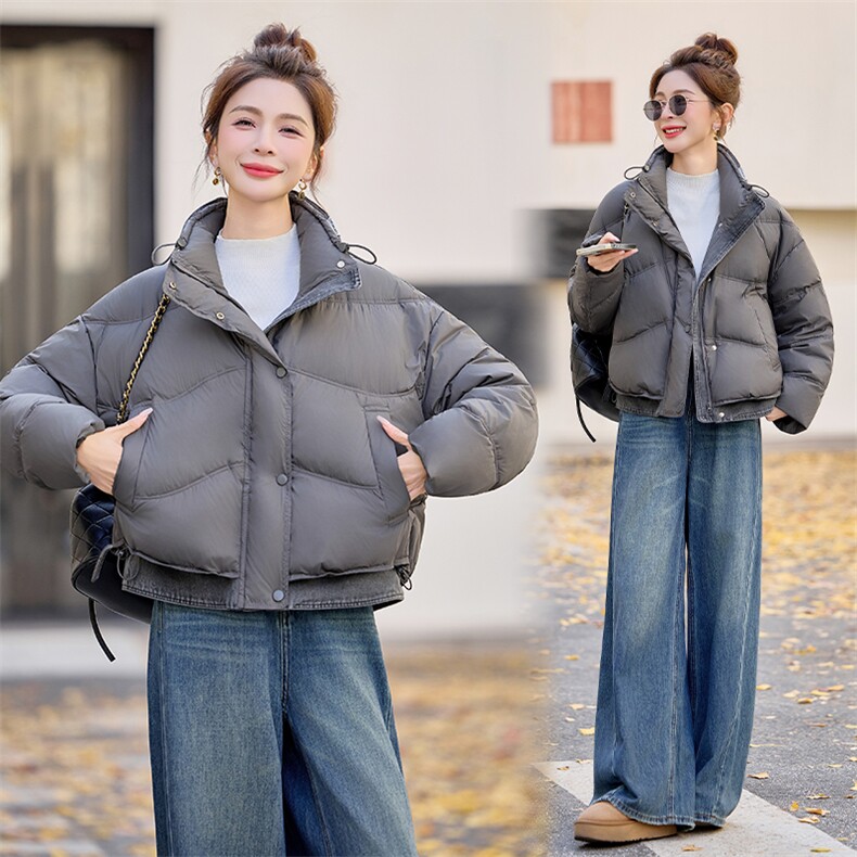 2025冬季新款牛仔拼接休闲风立领短款羽绒服，女装羽绒服，E百度