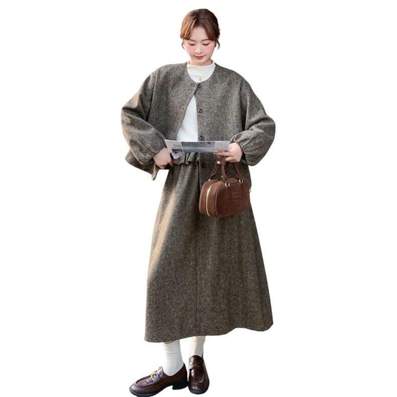 加棉加厚毛呢外套半身裙套装女2025冬季新款大方得体巨好看两件套,女装毛呢外套,2C206