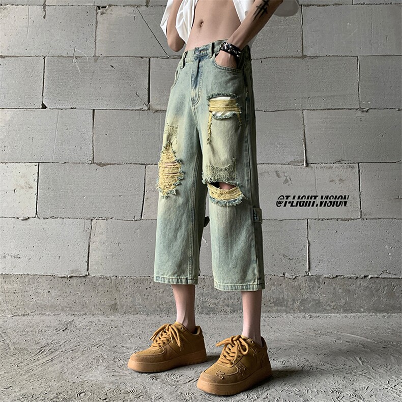 B221美式ins高街设计感拉链直筒七分牛仔裤LK23071-P55控78,男装牛仔裤,电商B221