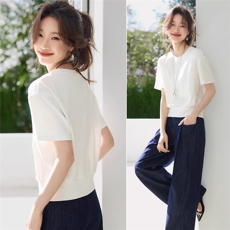 休闲百搭设计感下摆开叉装饰扣短袖T恤2025夏季新款T恤女,女装T恤,梦白服饰厂