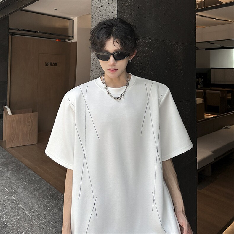 现货 垫肩设计缉明线百搭休闲潮男T恤  A071-T66-P40图片