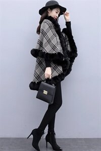 芷墨冬装新款时尚简约冬装经典格纹斗篷外套加绒加厚图片