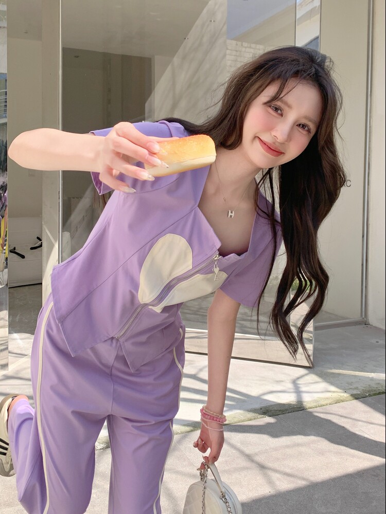 紫色短袖上衣半身裙套装女夏季2025新款时尚洋气休闲显瘦减龄穿搭,女装套装/套裙,含赞